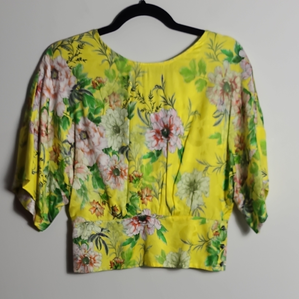 ANTHROPOLOGIE Marika Blouse Floral Yellow Wrap Top In Green Motif Size US 0 - Picture 13 of 16
